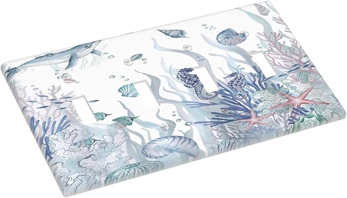 Ocean Themed Coral Seahorse Seashell Starfish Beach Light Switch Covers Quad Toggle Electrical Faceplate 4 Gang Wall Plate Decorative Switch Plates for Bathroom Home Decor