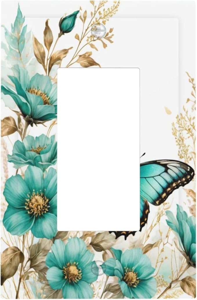 Decorative Outlet Covers Butterfly on Blue Daisy Flower Floral Golden Leaf 1 Gang Single Decora GFCI Device Light Switch Covers Plate 1 Rocker Wall Plate Jumbo Face Plate