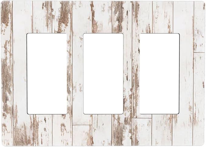 White Grey Wood 3 Gang Triple Rocker/Decor Light Switch Wall Plate Cover Decorative Electrical Faceplate for Kids Living Room Bedroom Decor Screwless 6.57" x 4.65