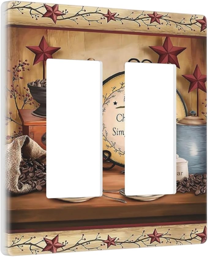 Decorative Kitchen Country Life 2 Gang Decorator GFCI Wall Plate, Lodge Texas Star Coffee Electrical Outlet Receptacle Light Switch Cover Double Rocker for Dimmer, (Hotel Cottage Clock Cafe Theme)