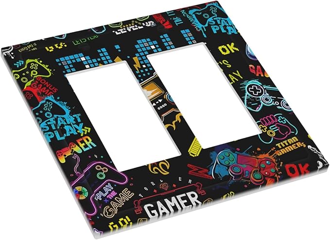 Gamer Video Game Themed Cool Controller Print Decorative Outlet Covers 2 Gang Double GFCI Rocker Electrical Wall Panels Light Switch Cover Plate for Kids Room Office Decor
