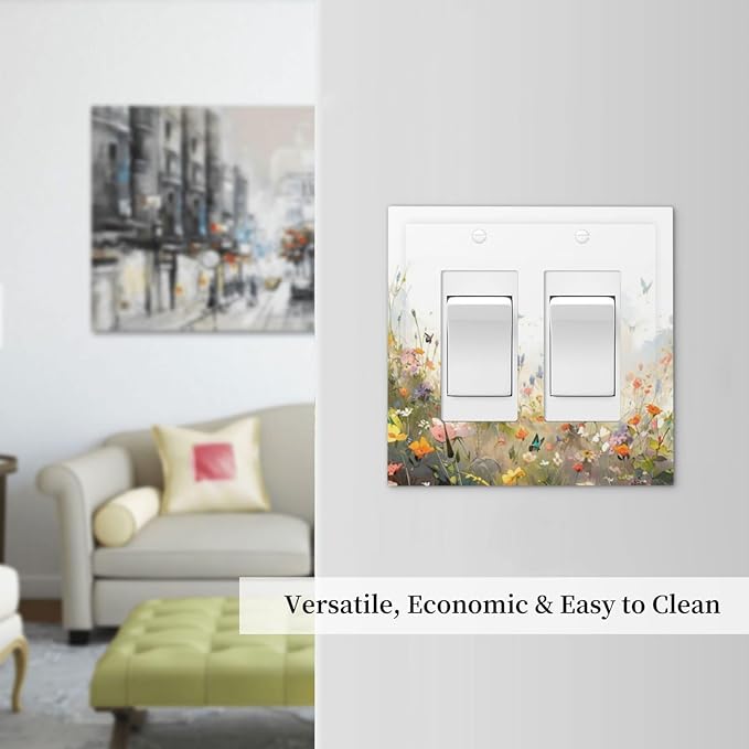 Wildflowers Watercolor Floral Colorful Butterfly Decorative Outlet Covers 2 Gang Double GFCI Rocker Electrical Wall Panels Light Switch Cover Plate for Farmhouse Bed Room Decor