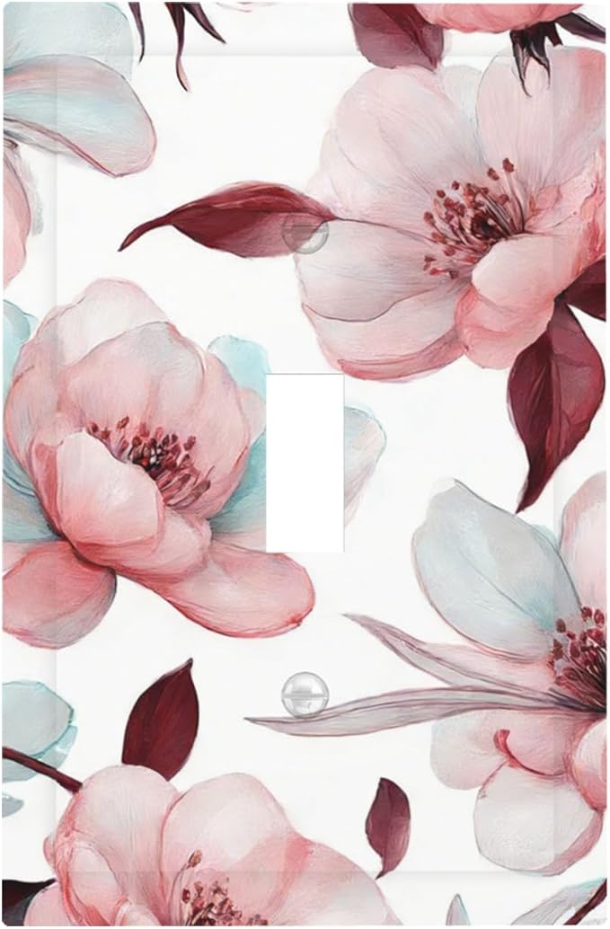 Watercolor Pink Cherry Blossom & Floral Burst 1-Gang Toggle Light Switch Plate, Romantic Floral Decorative Wall Plate for Bathroom Bedroom Vanity