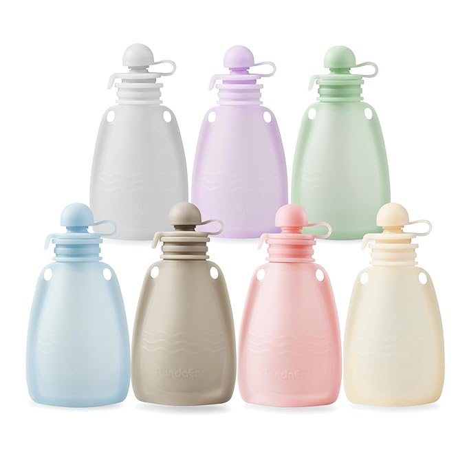 PandaEar Reusable Silicone Baby Food Pouches, 7 Pack Squeeze Pouches for Toddler Kids, BPA-Free Silicone Refillable Baby Food Storage, 5 oz /150 ml