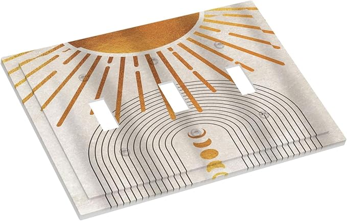 Mid Century Gold Sun Abstract Arch Boho Moon 3 Gang Light Switch Covers Decorative Unique Triple Toggle Wall Plate Electrical Faceplate Switchplate for Kitchen Bathroom Bedroom Home Decor
