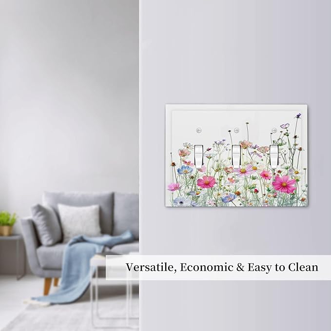 Decorative Switch Plates Boho Colorful Flowering Plant Wild Flower 3 Gang Wall Plate Triple Toggle Light Switch Cover Faceplate Electrical Wall Panels For Bed Room Living Room Decor