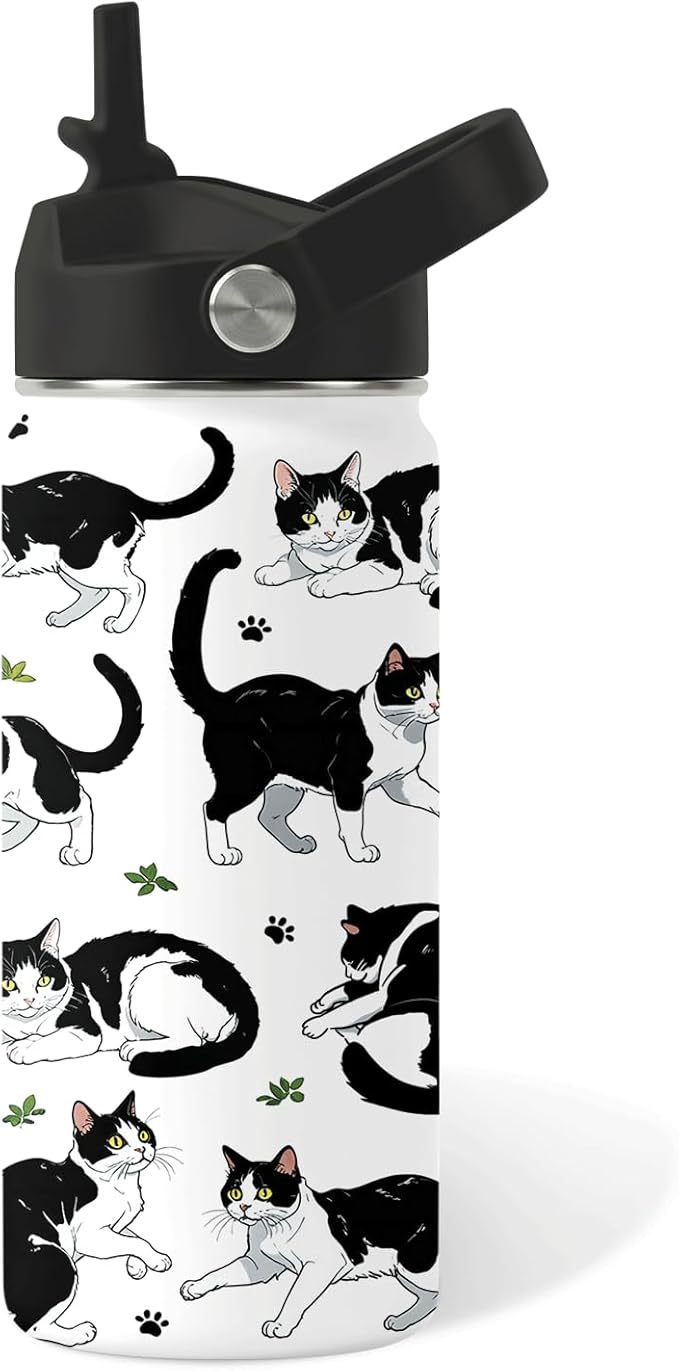Cat Gifts for Kids - 16oz Black Cat Water Bottle with Straw Lid, Stainless Steel Insulated Bottle, Leak Proof, BPA-Free, for Boys, Girls, School - Black and White Cat Gifts Cats Lovers Gift Cup(1pc)