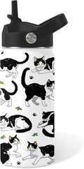 Cat Gifts for Kids - 16oz Black Cat Water Bottle with Straw Lid, Stainless Steel Insulated Bottle, Leak Proof, BPA-Free, for Boys, Girls, School - Black and White Cat Gifts Cats Lovers Gift Cup(1pc)