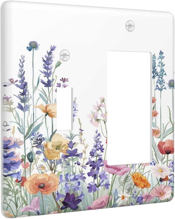 Colorful Floral Purple Lavender Flower Leaves Plants Outlet Covers 1 Toggle 1 Rocker Combination Decorative Wall Plate Electrical Switch Plates Light Switch Cover Plate for Bed Room Living Room Decor