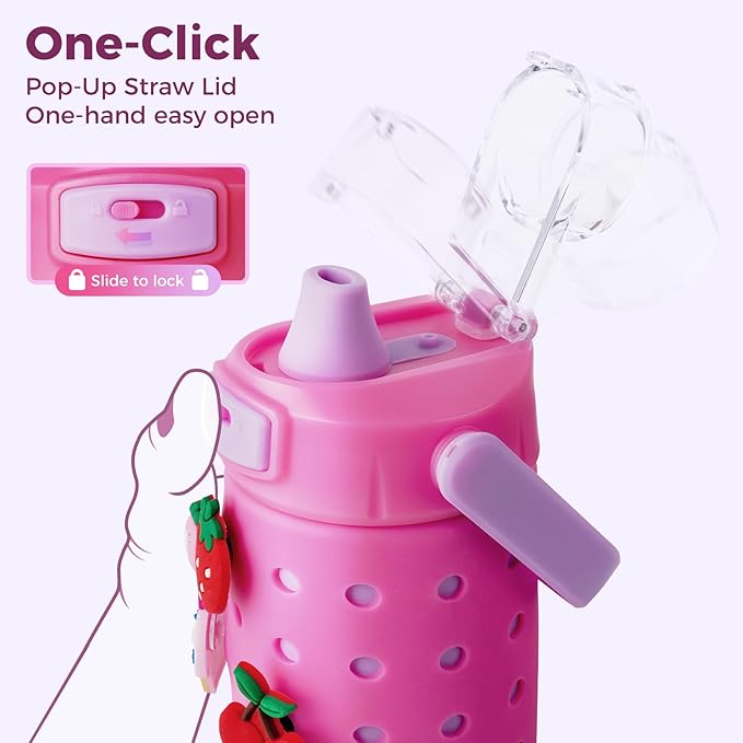 Kids Water Bottle for School 12 oz,Kids Vacuum Insulated Stainless Steel Water Bottles,Toddler Boy Water Bottle for School with Leak Proof Locking Lid(Jelly Pink)