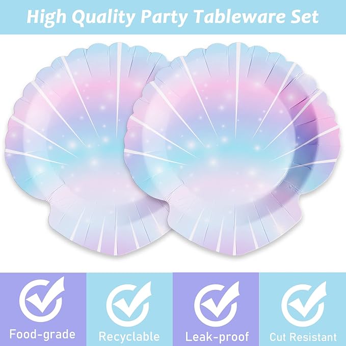 ZOIIWA 96 Pieces Mermaids Themed Party Decorations Mini Under the Sea Tableware for Girls Clam Shell Dessert Plates Napkins Forks for 24 Guests Birthday Party Favors