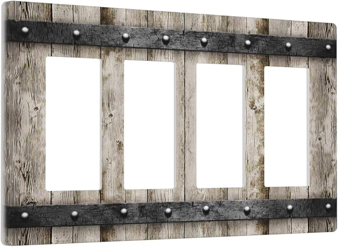 Rustic Vintage Brown Wood Plank 4 Gang Quad Rocker/GFCI/Decorator Light Switch Cover Plate Decorative Electric Faceplate Decorative Switchplate Screwless