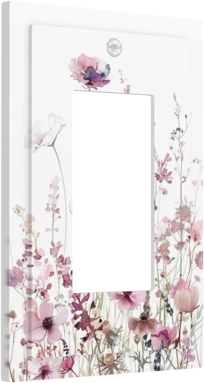 Floral Pink Watercolor Wildflowers Plant Flower Decorative Outlet Covers 1 Gang Single Rocker Light Switch Cover Plate Wall Plates GFCI Faceplate for Bedroom Living Room Decor