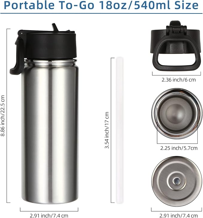 Volhoply 18oz Insulated Water Bottle Bulk 4 Pack,Kids Stainless Steel Water Bottles with Straw,Reusable Metal Water Bottle,Double Wall Vacuum Sports Water Flask For Cold Drink(Silver,4 Set)