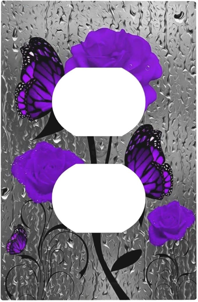 Purple Rose Butterfly Flower 1 Gang Electrical Outlet Cover Single Duplex Receptacle Jumbo Plug Wall Plate Lovers/Valentine's Day Sliver Grey Butterfly Purple Floral Room Decor Accessories Faceplate