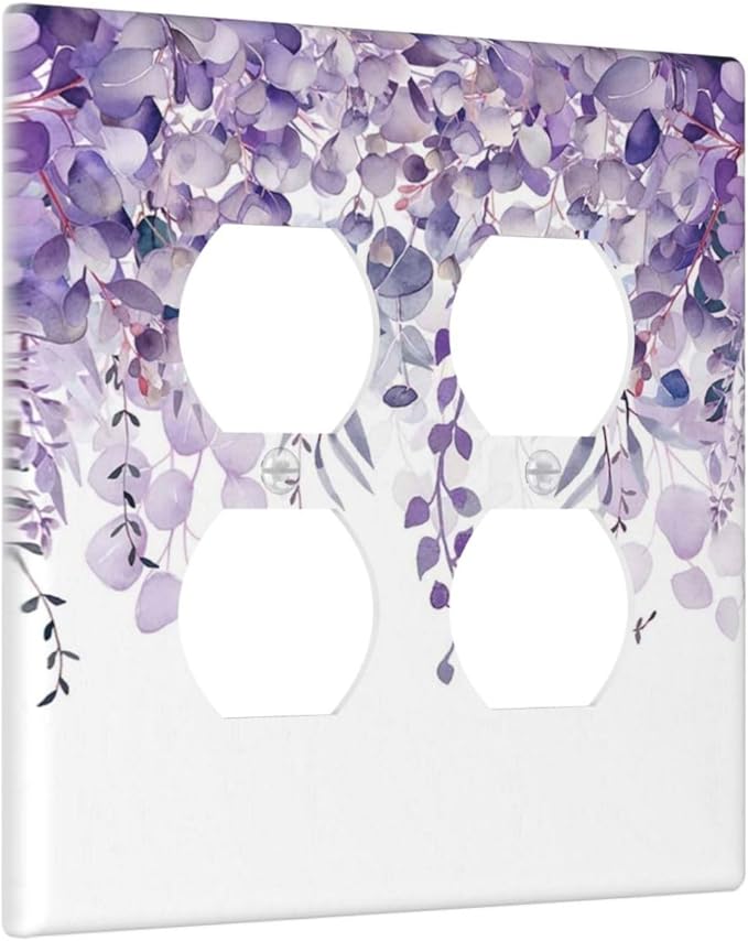 Purple Plants Leaves Eucalyptus Vine Floral Flowers Outlet Covers 2 Gang Double Duplex Decorative Light Switch Covers Electrical Wallplates Socket Faceplate for Bedroom Living Room Decor