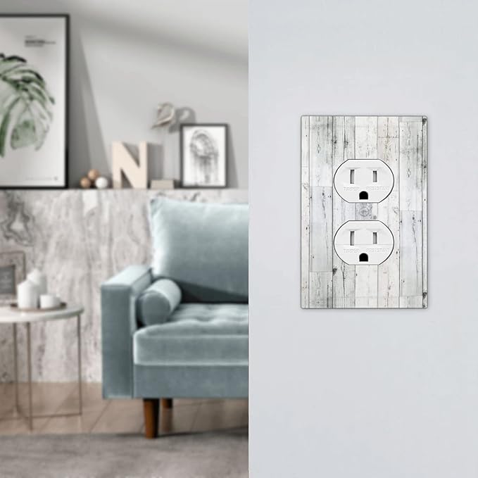 Grey White Wood 1 Gang Outlet Covers Duplex Receptacle Wall Plate Decorative Electrical Faceplate Switchplates for Home Kids Bedroom Decorate 5" x 3 Large Size