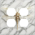 White Gold Marble Dragonfly Abstract Modern Outlet Covers 2 Gang Double Duplex Decorative Light Switch Covers Electrical Wallplates Socket Faceplate for Bathroom Home Decor