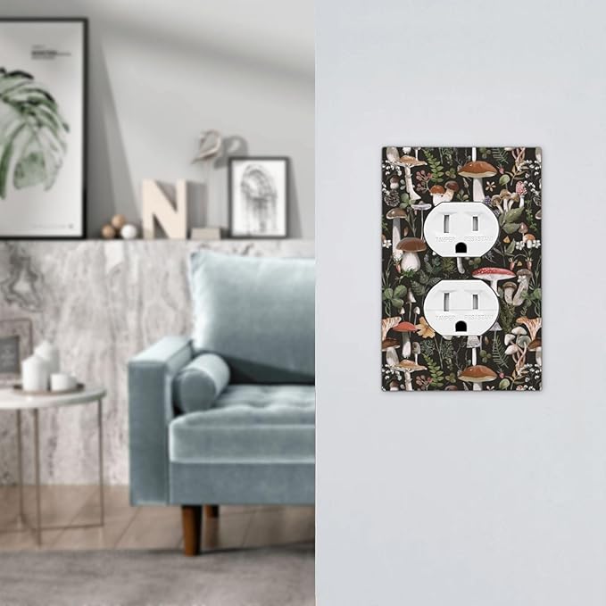 Vintage Gothic 60S Black Boho Mushroom 1 Gang Duplex Wall Plate Receptacle Outlet Covers 70s Plant Fungus Forest Botanical Decorative Electrical Dual Device Light Switch Plug Socket Faceplate Cover