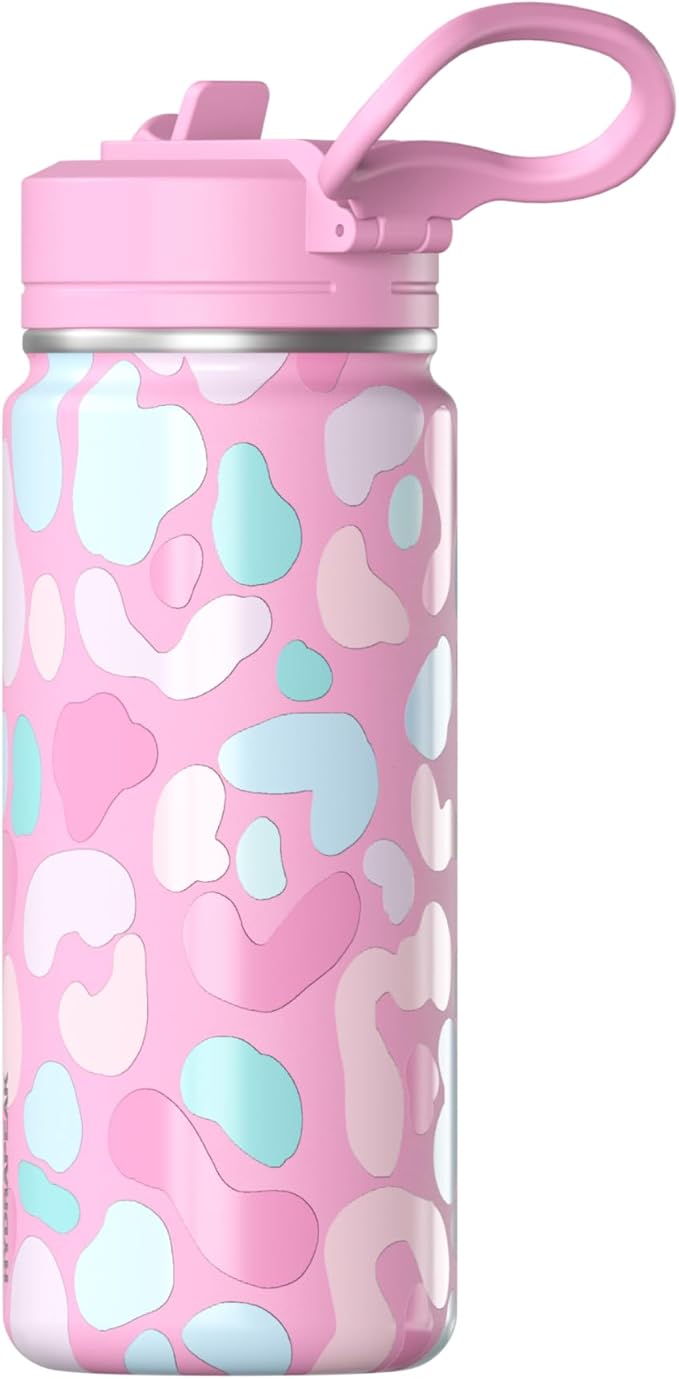Hydrapeak Mini 20oz Fun Sticker Print Water Bottle with Straw Lid, Stainless Steel Double Wall Insulated Water Bottle, Leak-Proof and Spill-Proof Water Bottle, Pastel Leopard Bubblegum