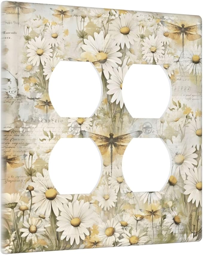 Vintage Letter Paper Wildflowers Dragonfly Daisy Floral Outlet Covers 2 Gang Double Duplex Decorative Light Switch Covers Electrical Wallplates Socket Faceplate for Farmhouse Bedroom Decor