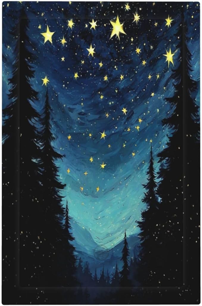 Light Switch Cover Plate Blue Starry Sky Forest Painted Star Pine Tree Oil Painting 1 Gang No Device Blank Electrical Wall Plates Faceplate Decorative Switch Plate for Bedroom Cabin Decor