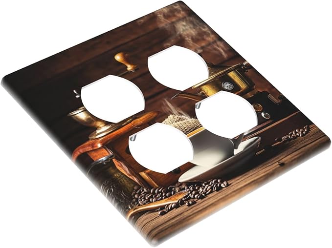 Decorative Outlet Covers with Vintage Coffee Retro Grinder Artwork Design 2 Gang Wall Plate Double Duplex Receptacle Light Switch Cover Switch Plate Cover for Rustic Kitchen Decor