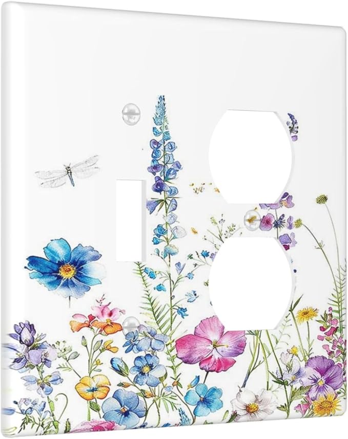 Wallplates Boho Colorful Flowers Plants And Dragonflies 1 Toggle 1 Duplex Switch Plate Electrical GFCI Faceplate Decorative Light Switch Covers for Bedroom living Room Decor