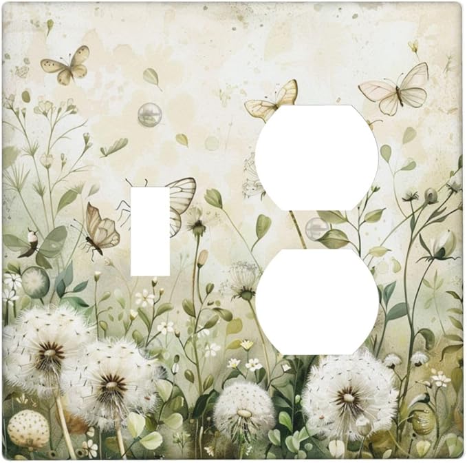 Light Switch Cover Plate Watercolor Butterflies Dandelions Wildflowers 2 Gang Decorative Switch Plates 1 Toggle Duplex Combo Outlet Covers GFCI Wall Plates for Bathroom Bedroom Decor