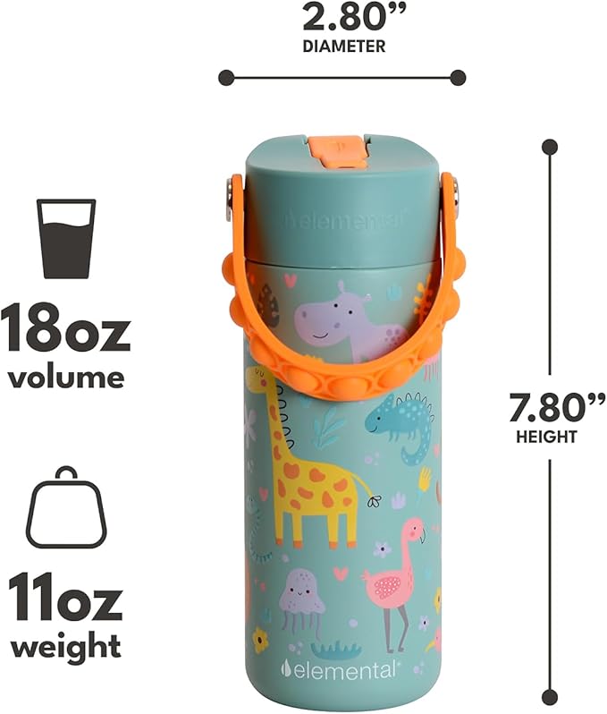 Elemental 100% Leak Proof When Spout is Closed Insulated Kids Water Bottle, Stainless Steel Bottle for School with Straw Lid & Pop-It Handle, Safari & Sage -18oz (2 Pack)