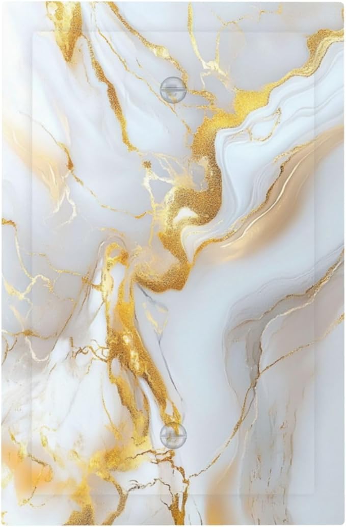 Decorative Blank Wall Plate Abstract Gold Marble Design with White & Gold Single Gang No Device Outlet Covers 1 Gang Light Switch Covers for Modern Luxurious Decor