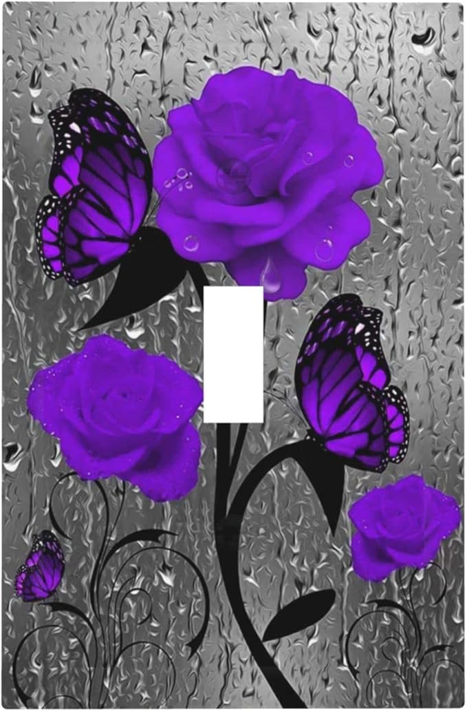 Bathroom Purple Rose Light Switch Cover 1 Gang Single Toggle Wall Plate Cover Butterfly Valentine's Day Elegant Violet Pretty Flower Faceplate Switchplate Girls Women Bedroom Room Art Panel Decor