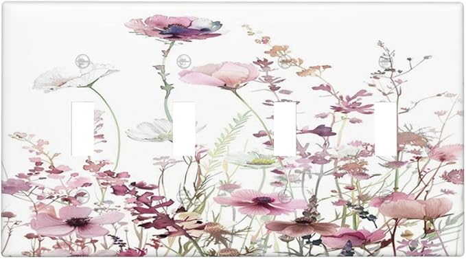 Floral Pink Watercolor Wildflowers Plant Flower Light Switch Covers Quad Toggle Electrical Faceplate 4 Gang Wall Plate Decorative Switch Plates Cover for Bedroom Living Room Decor