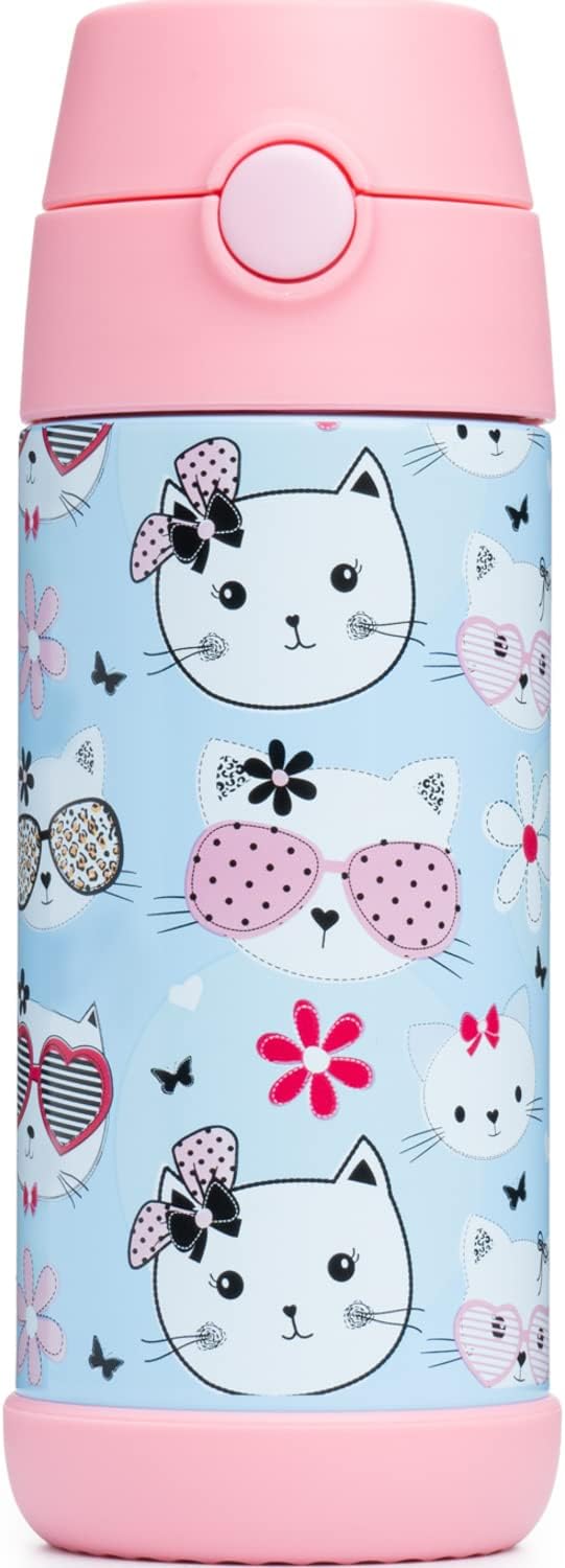 Snug Insulated Kids Water Bottle with Straw & Spout – Double-Wall Stainless Steel, Leakproof, Easy-Flip Lid – For School, Travel, Toddlers & Big Kids - Kitty, 12oz