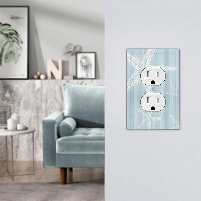 Outlet Covers Blue Wooden Plank Starfish Ocean Vintage 1 Gang Duplex Light Switch Cover Plate Decorative Wall Plates Electrical Switchplate Receptacle for Bathroom Bedroom Decor（2 Pack）