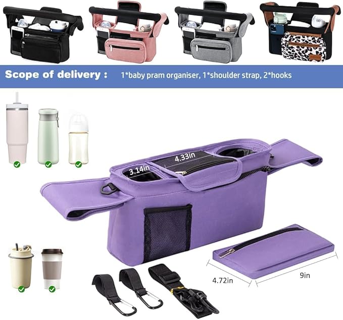 Baby Stroller Organizer, Universal Stroller Organizer with Detachable Phone Bag, Stroller Caddy with 2 Insulated Cup Holders, Buggy Organizer Bag with 2 Hooks Fits Most Strollers (Purple)