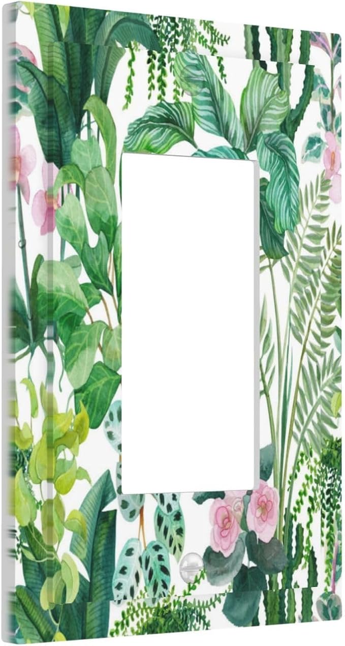 Tropical Palm Leaves Green Jungle Botanical Floral Flowers Decorative Outlet Covers 1 Gang Single Rocker Light Switch Cover Plate Wall Plates GFCI Faceplate for Bedroom Living Room Decor