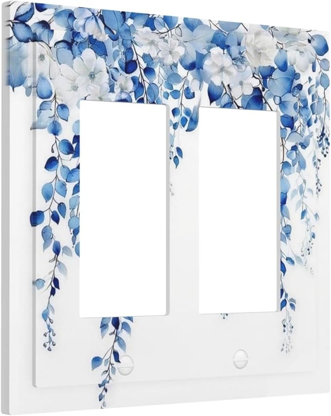 Blue Eucalyptus Leaves Floral Vine Flower Decorative Outlet Covers 2 Gang Double GFCI Rocker Electrical Wall Panels Light Switch Cover Plate for Bedroom Living Room Decor