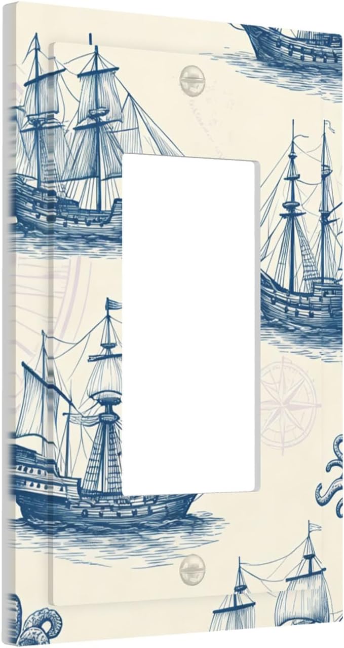 Vintage Nautical Ships Single Rocker Switch Cover - 1-Gang Standard US Size Old World Sailing Vessels Light Switch Covers, Blueprint Design for Beach House Decor