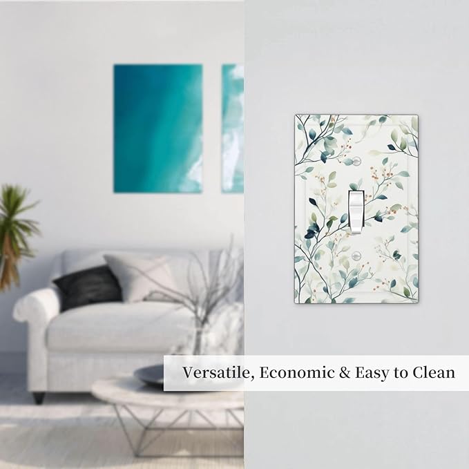 Watercolor Floral Green Leaves 1 Gang Light Switch Cover Single Toggle Wall Plate Green Botanical Flowers Decorative Electrical Switchplate Covers for Bedroom Kitchen Living Room Decor