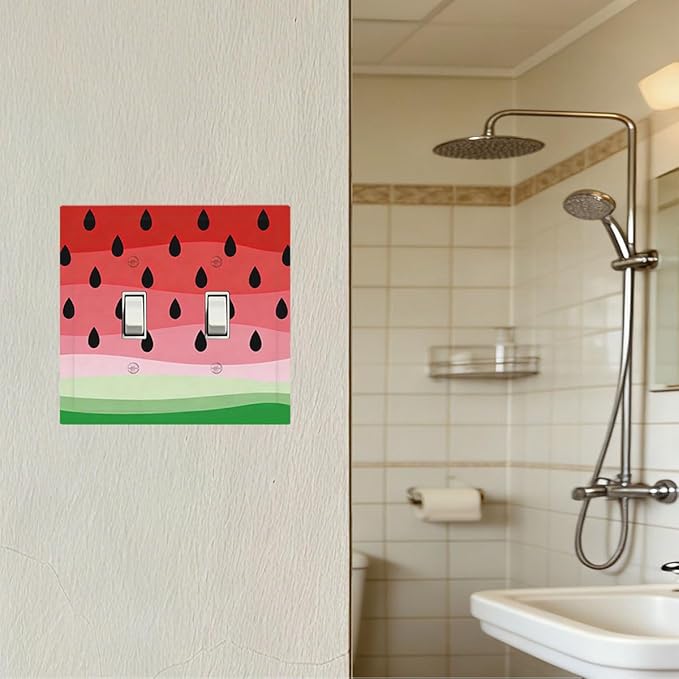Gradient Watermelon Slice & Seeds Double Toggle Switch Cover - 2-Gang Standard US Size Summer Freshness Playful Fruit Design Light Switch Covers for Kitchen Decor