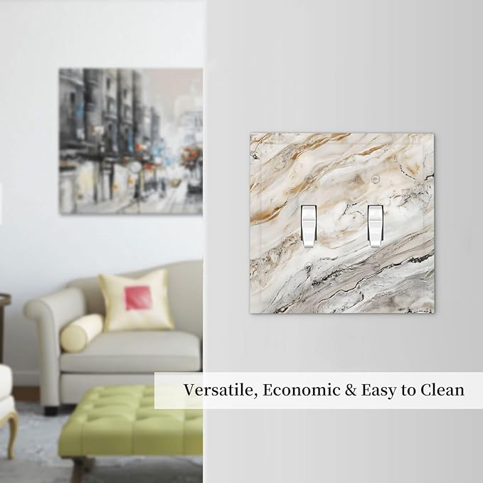 Matte Beige Gold Marble Granite Abstract Print Decorative Switch Plates 2 Gang Double Toggle Outlet Light Switch Cover Wall Plate Electrical Faceplate for Bathroom Kitchen Decor