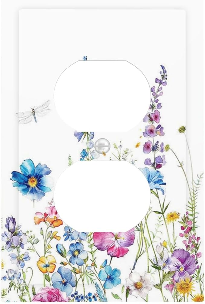 Outlet Covers Boho Colorful Flowers Plants And Dragonflies 1 Gang Duplex Light Switch Cover Electrical Receptacle Faceplate Wall Plate Decorative Switch Plates for Bedroom living Room Decor