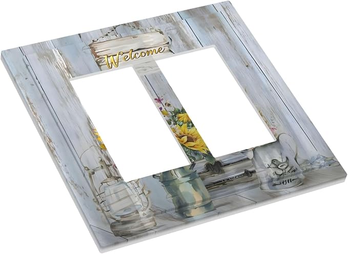 Rustic Sunflower Floral Vintage Wood Board Decorative Outlet Covers 2 Gang Double GFCI Rocker Electrical Wall Panels Light Switch Cover Plate for Farmhouse Home Decor