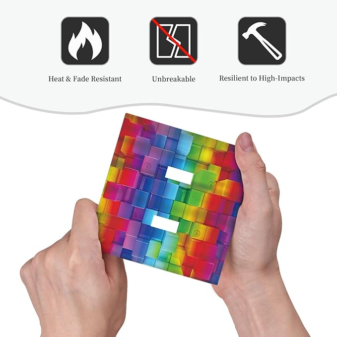 3D Colorful Rainbow Wall Abstract Squre Shaped Double Toggle Light Switch Covers Decorative Unique 2 Gang Wall Plate Dual Electrical Faceplate Switchplate for Bathroom Living Room Decor