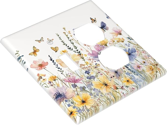 Wildflowers Colorful Flower Butterfly Floral Wallplates 1 Toggle 1 Duplex Switch Plate Electrical GFCI Faceplate Decorative Light Switch Covers for Farmhouse Bedroom Decor