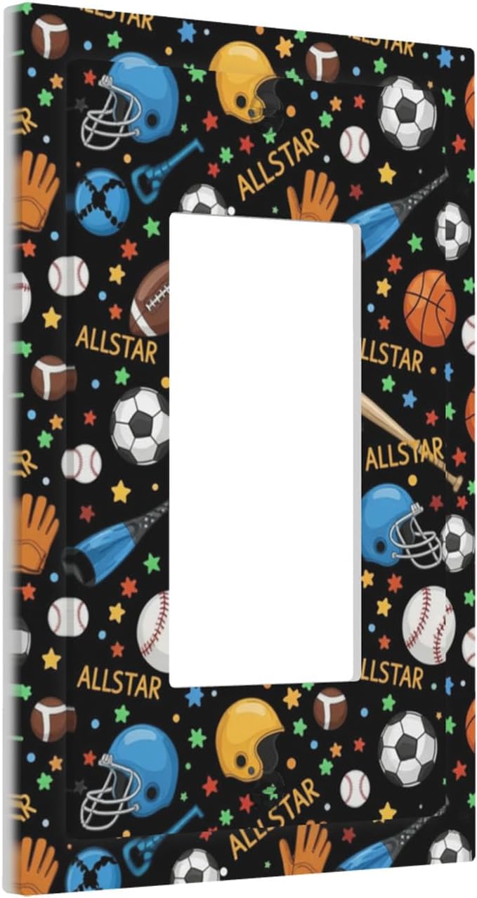 All Star Sports Single Rocker Switch Cover - 1-Gang Standard US Size Multi-Sport Light Switch Covers, Football Baseball Basketball for Boys & Girls Room Decor