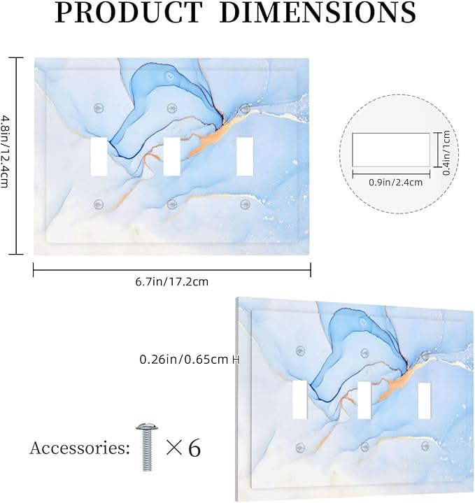Modern Art Blue Gold Marble Abstract Luxury Print Decorative Switch Plates 3 Gang Wall Plate Triple Toggle Light Switch Cover Faceplate Electrical Wall Panels for Bathroom Living Room Decor