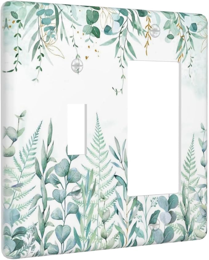 Boho Green Eucalyptus Leaf Floral Sage Flower Outlet Covers 1 Toggle 1 Rocker Combination Decorative Wall Plate Electrical Switch Plates Light Switch Cover Plate for Bedroom Living Room Decor
