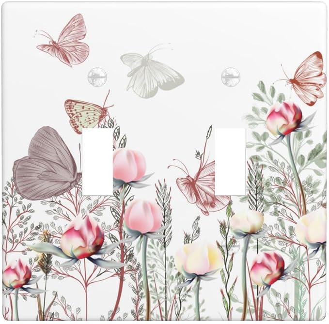 Wildflower Butterfly 2-Gang Double Toggle Switch Plate, Pink Floral Vintage Wall Plate for Home, Bedroom, Sunroom & Bathroom